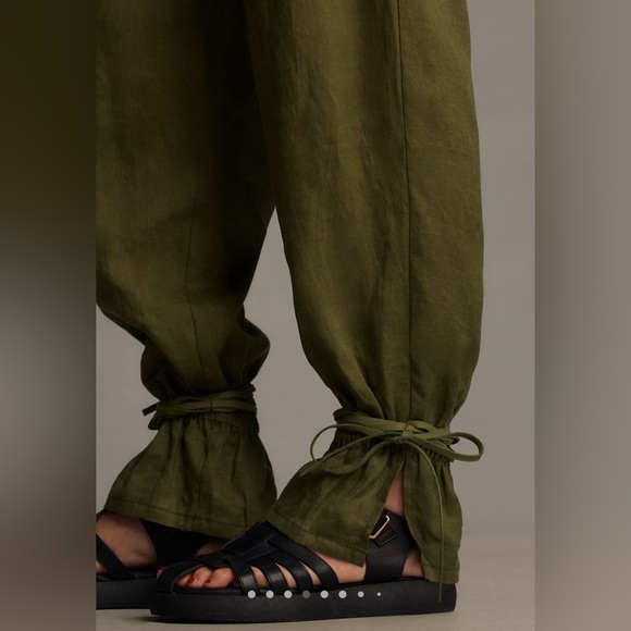 Anthropologie Ankle Tie Linen Trousers in Dark Olive Size 12 - Picture 3 of 10